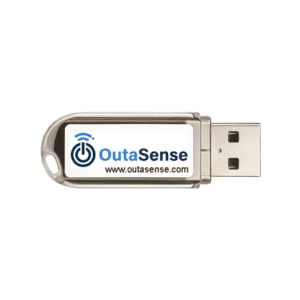 USB device displaying power outage alert and monitoring service logo.